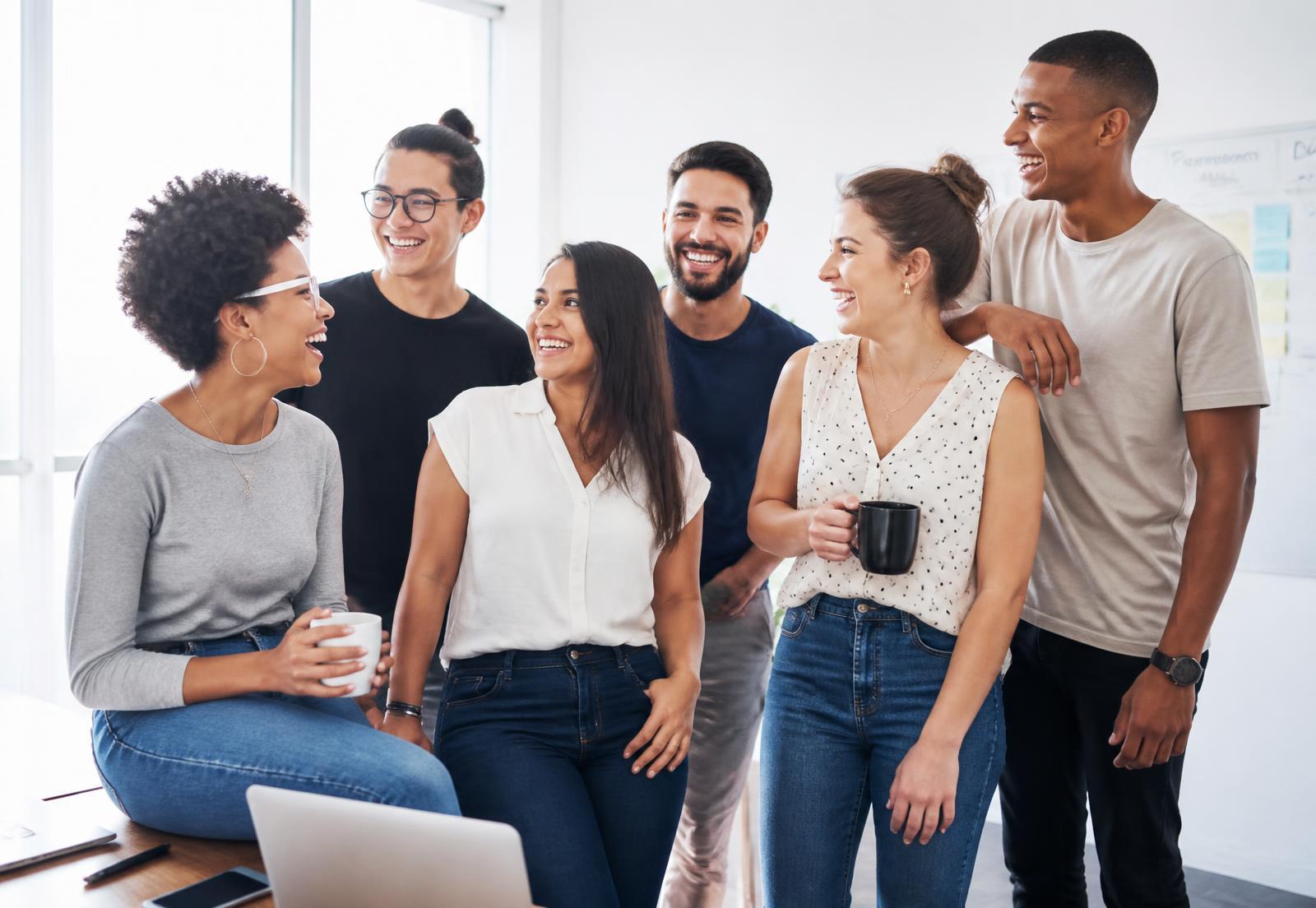Colaboradores sorrindo em um ambiente de trabalho